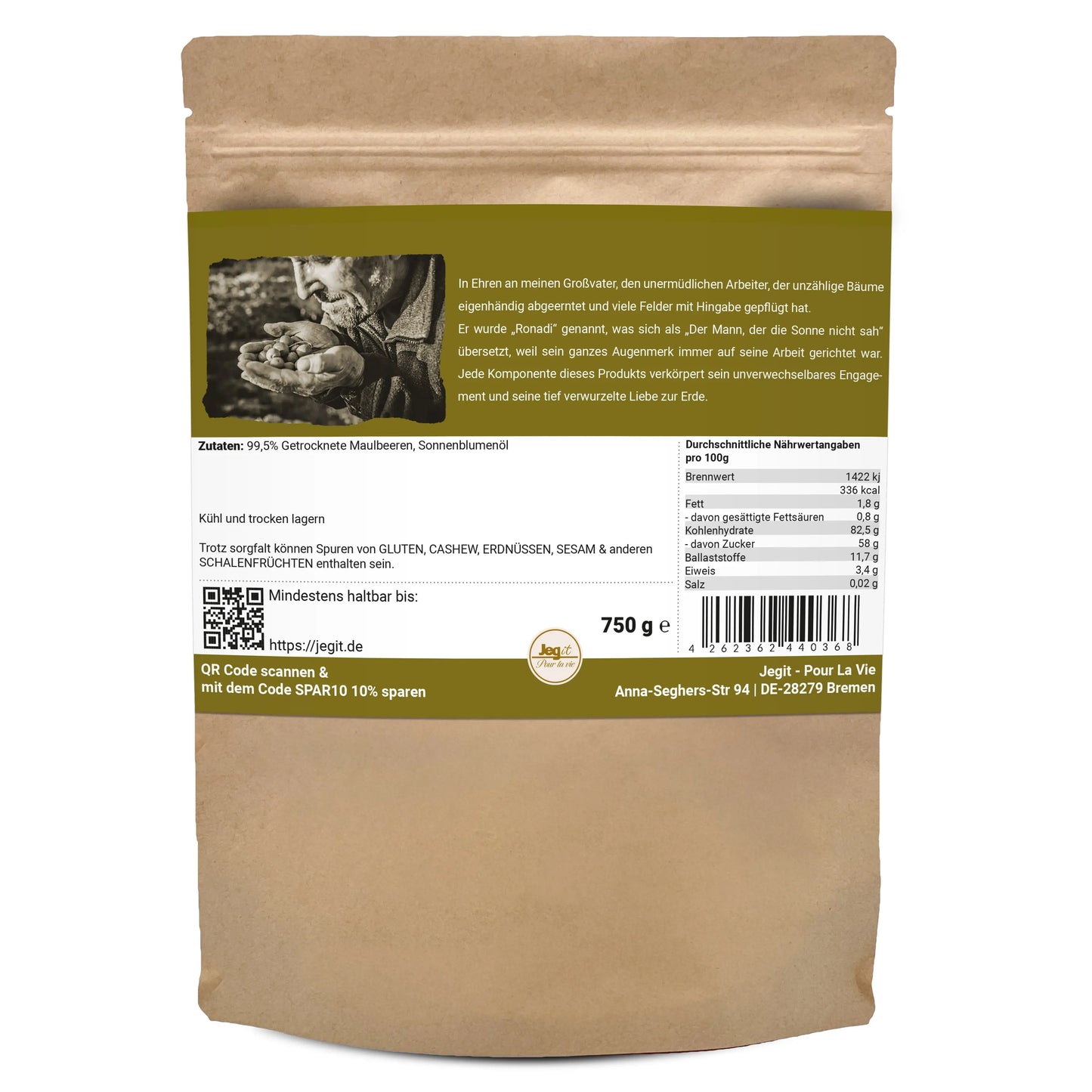 Mulberries 750g White, Dried Jegit - Pour La Vie