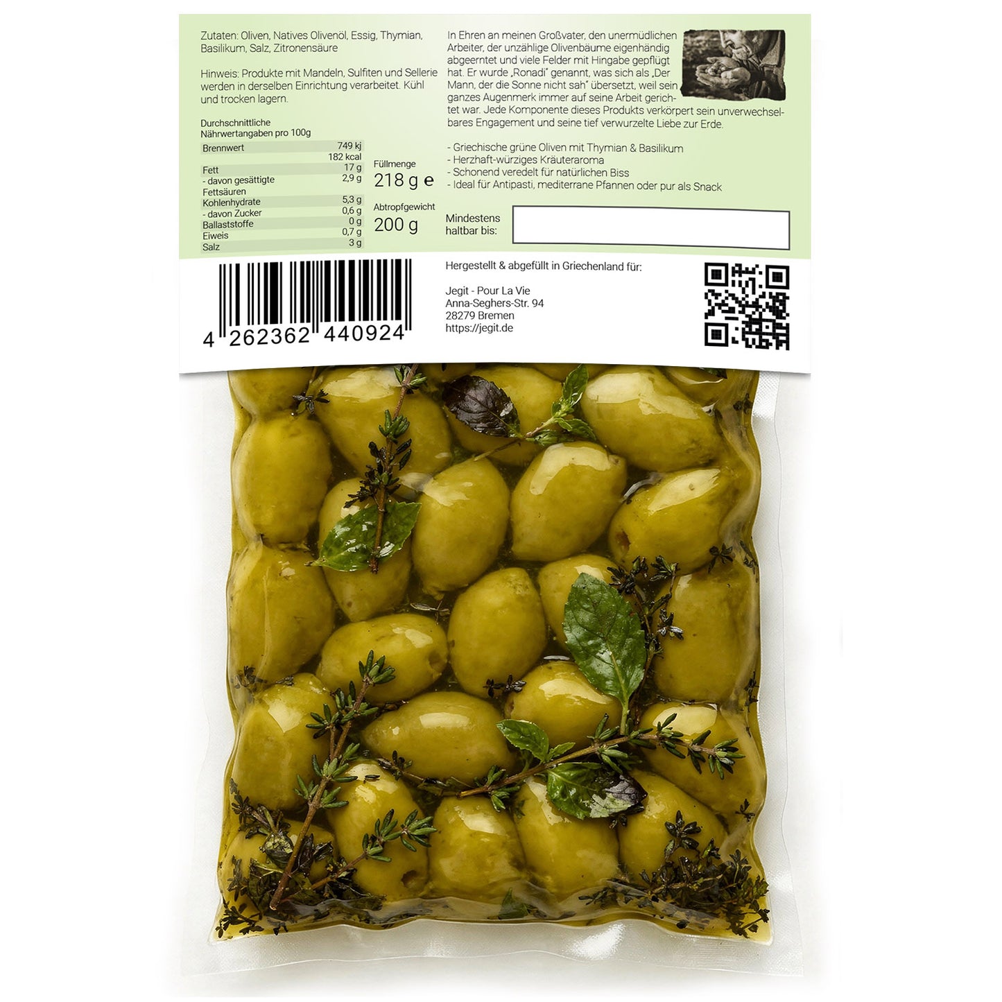 Greek Green Olives with Thyme & Basil