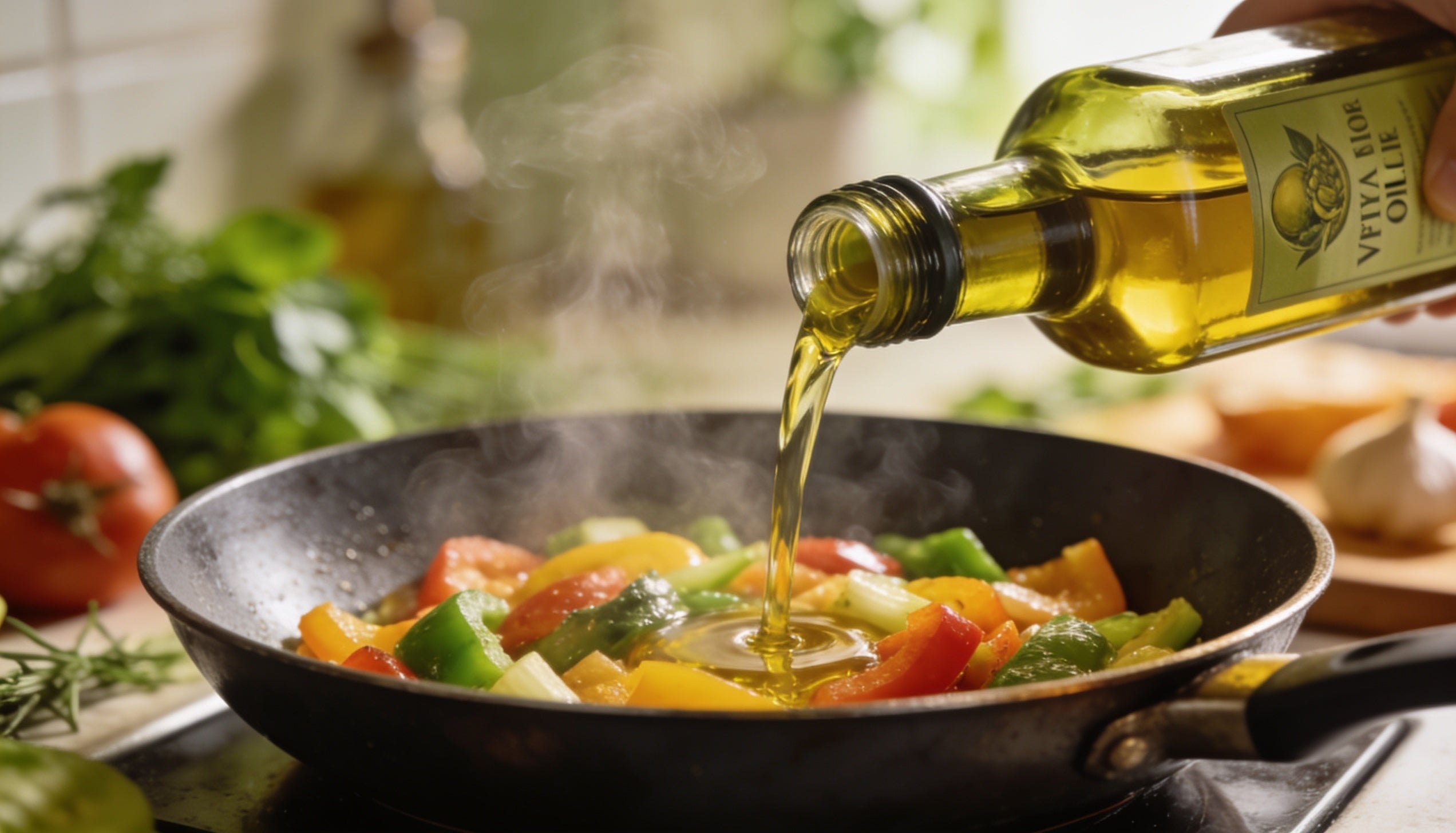 Extra virgin olive oil being poured into a hot pan with vegetables