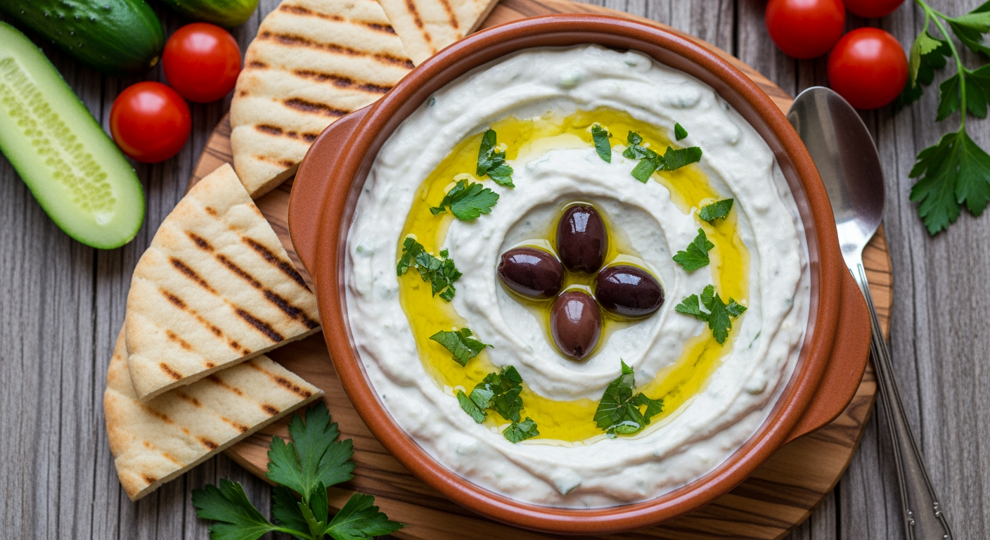 Greek melitzanosalata roasted aubergine dip in a ceramic bowl drizzled with olive oil and garnished with Kalamata olives