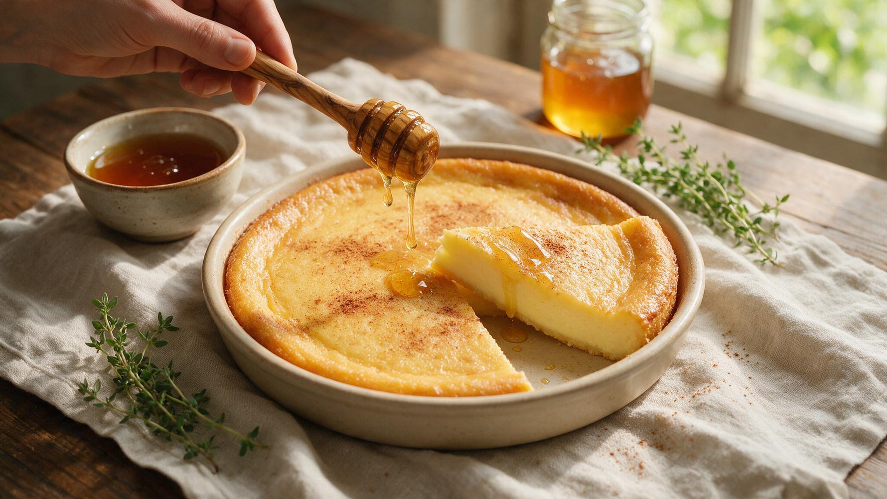 A golden Greek melopita honey pie with a slice lifted, drizzled with thyme honey from an olive wood dipper