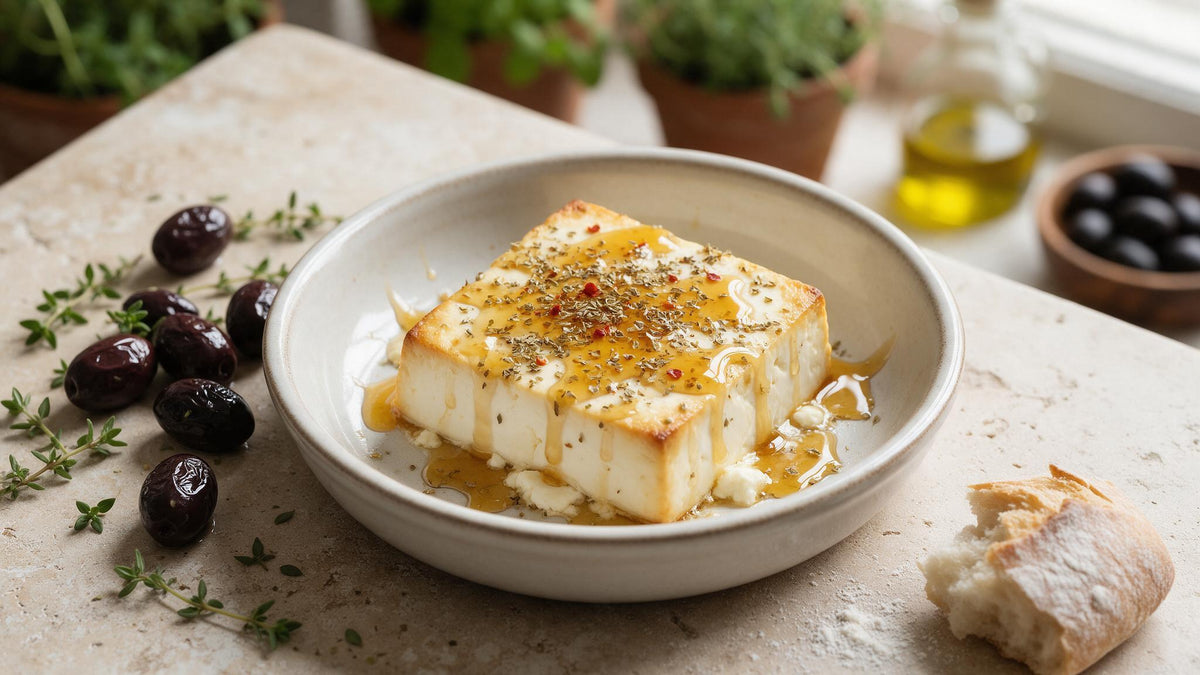 Golden Greek baked feta drizzled with thyme honey, oregano and chilli flakes, served with Kalamata olives and crusty bread