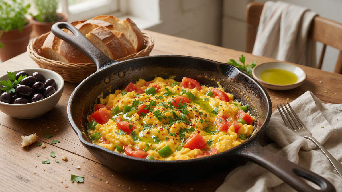 Turkish menemen with soft eggs, tomatoes and peppers in a skillet, drizzled with olive oil, served with olives and bread