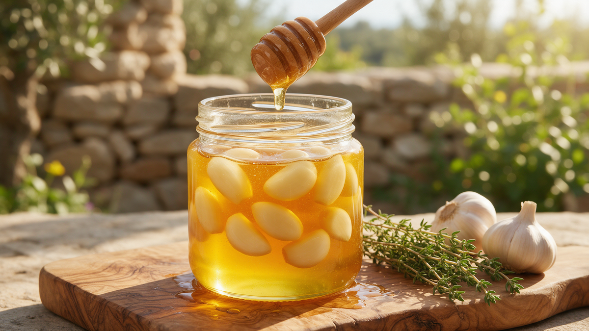 A glass jar of golden Greek thyme honey with whole garlic cloves inside and a wooden honey dipper drizzling honey, on an olive-wood board with fresh thyme