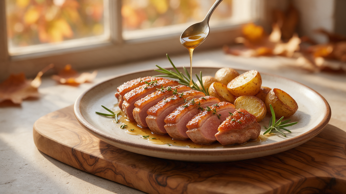 Sliced thyme honey-glazed duck breast with rosemary on a rustic plate