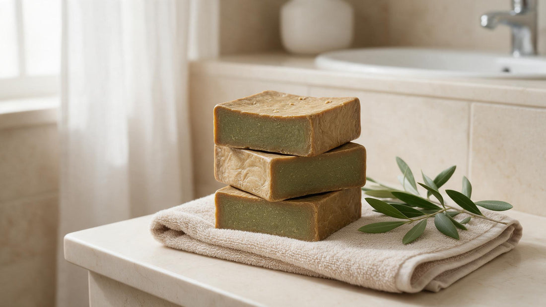 Natural handmade Aleppo soap bars on a soft towel in a calm bathroom setting