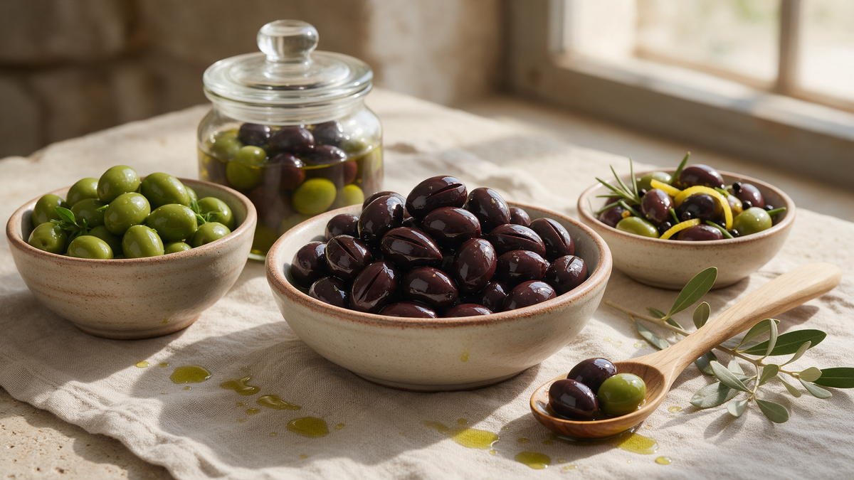 Black Kalamata and green olives in ceramic bowls and a glass storage jar on a Mediterranean table