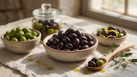 Black Kalamata and green olives in ceramic bowls and a glass storage jar on a Mediterranean table