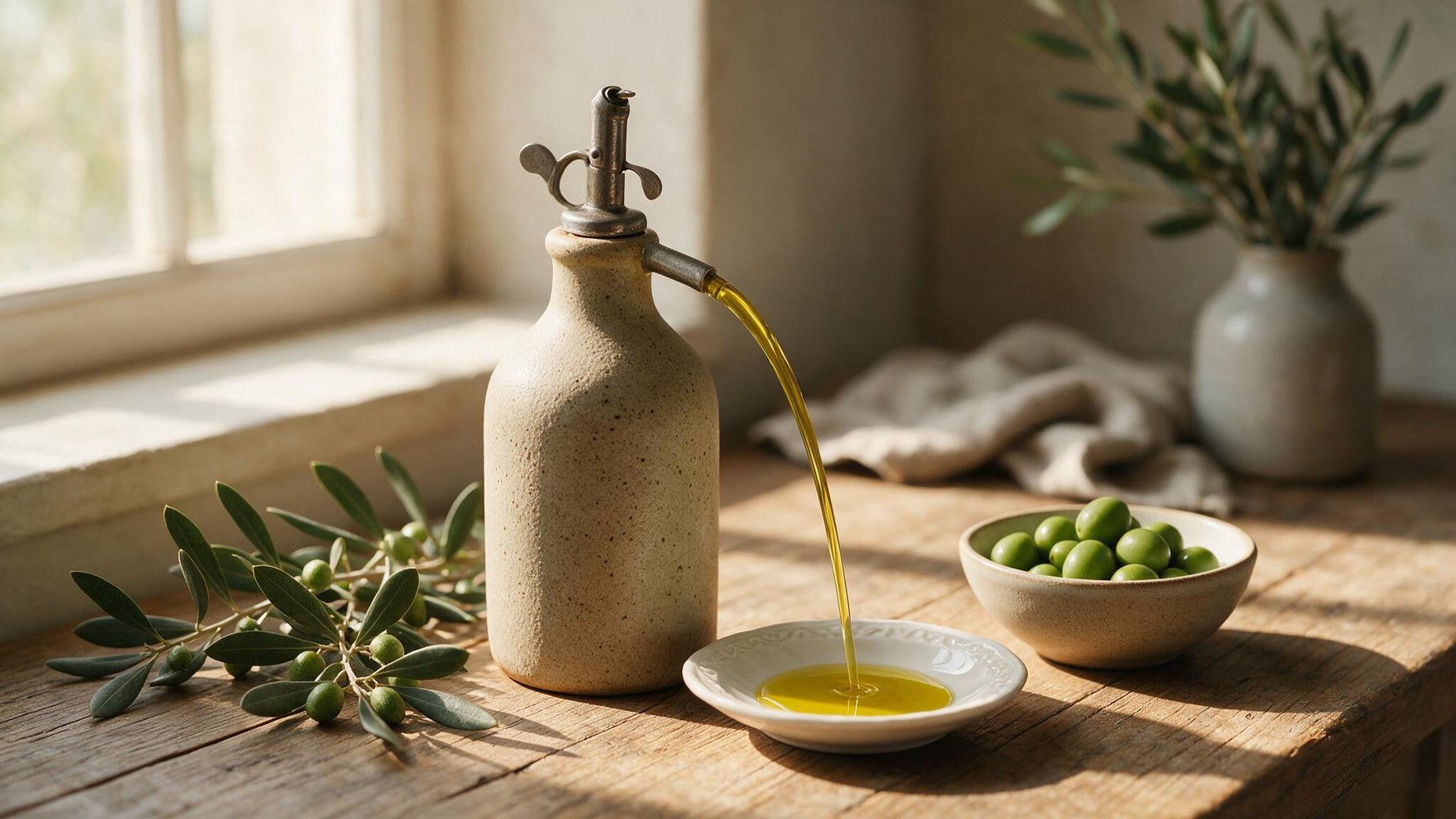 A matte stoneware olive oil bottle with a drip-free pourer pouring golden extra virgin olive oil over a dish
