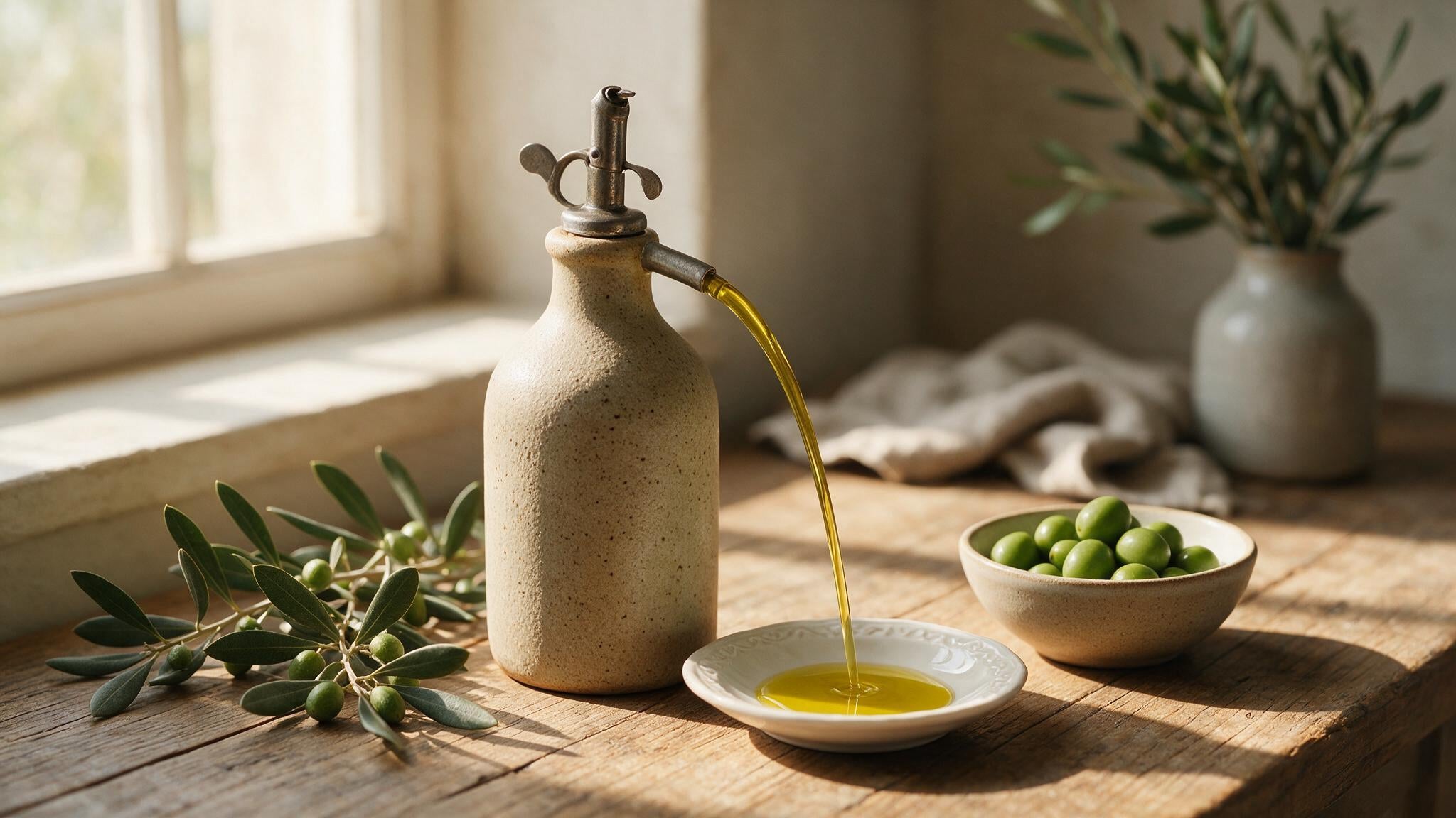 A matte stoneware olive oil bottle with a drip-free pourer pouring golden extra virgin olive oil over a dish