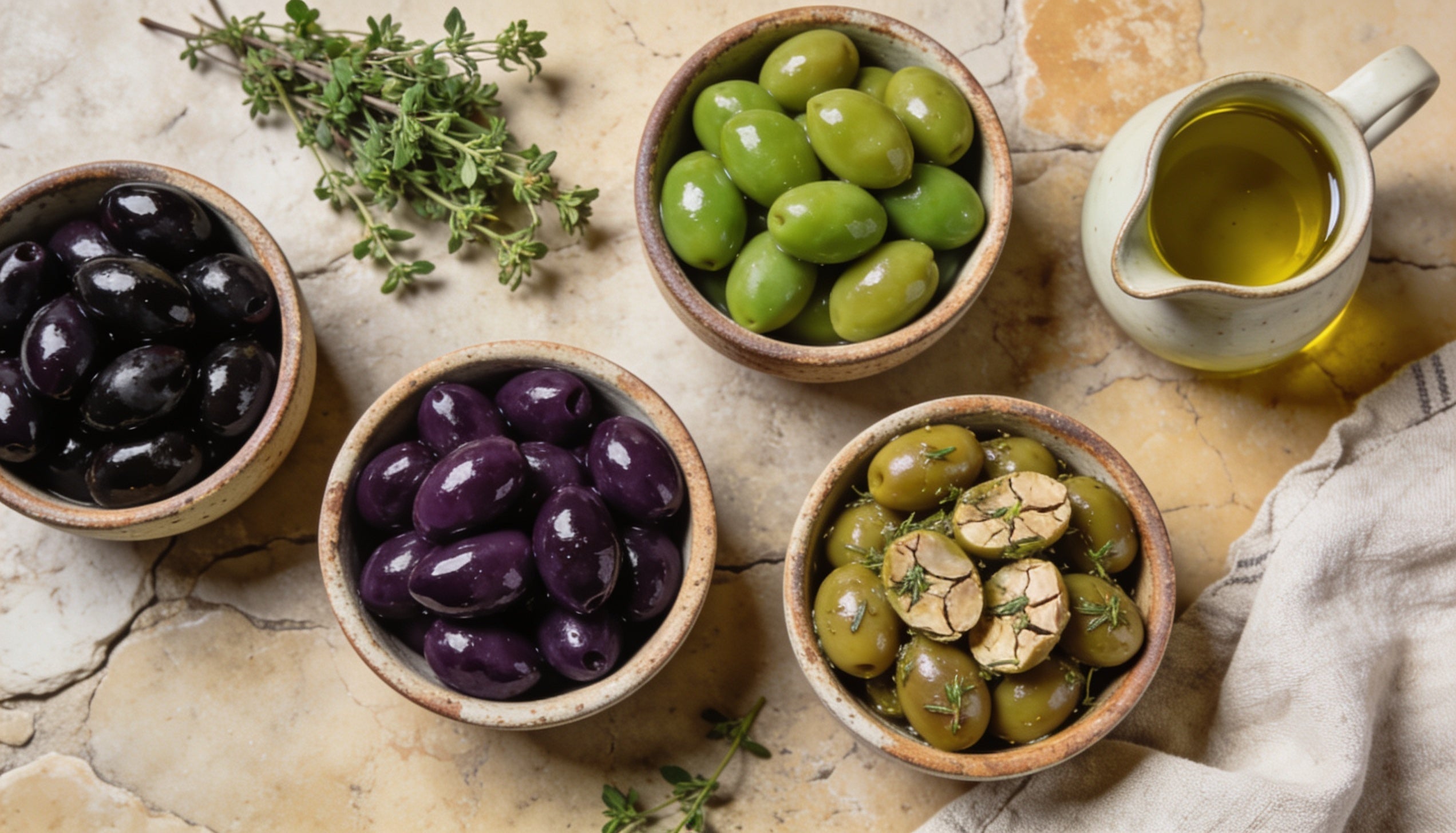 Bowls of black Kalamata, green and marinated Greek table olives on a Mediterranean stone table