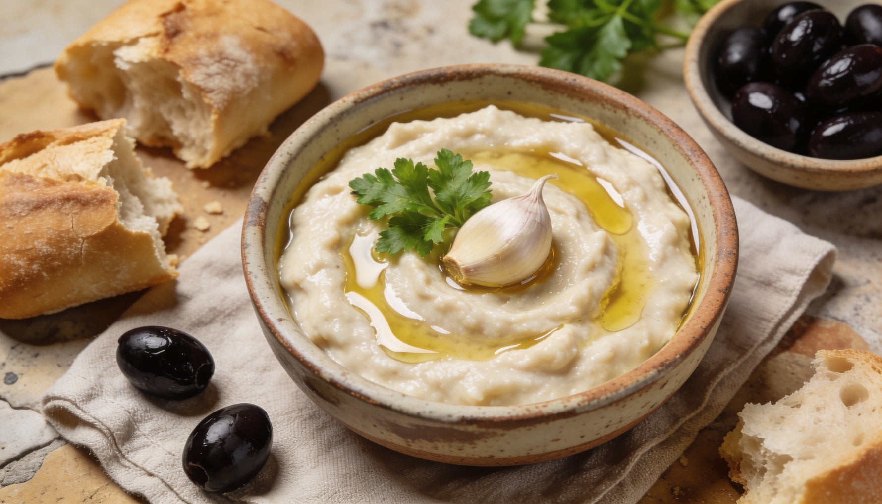 Bowl of creamy Greek skordalia garlic dip drizzled with olive oil, with bread and Kalamata olives