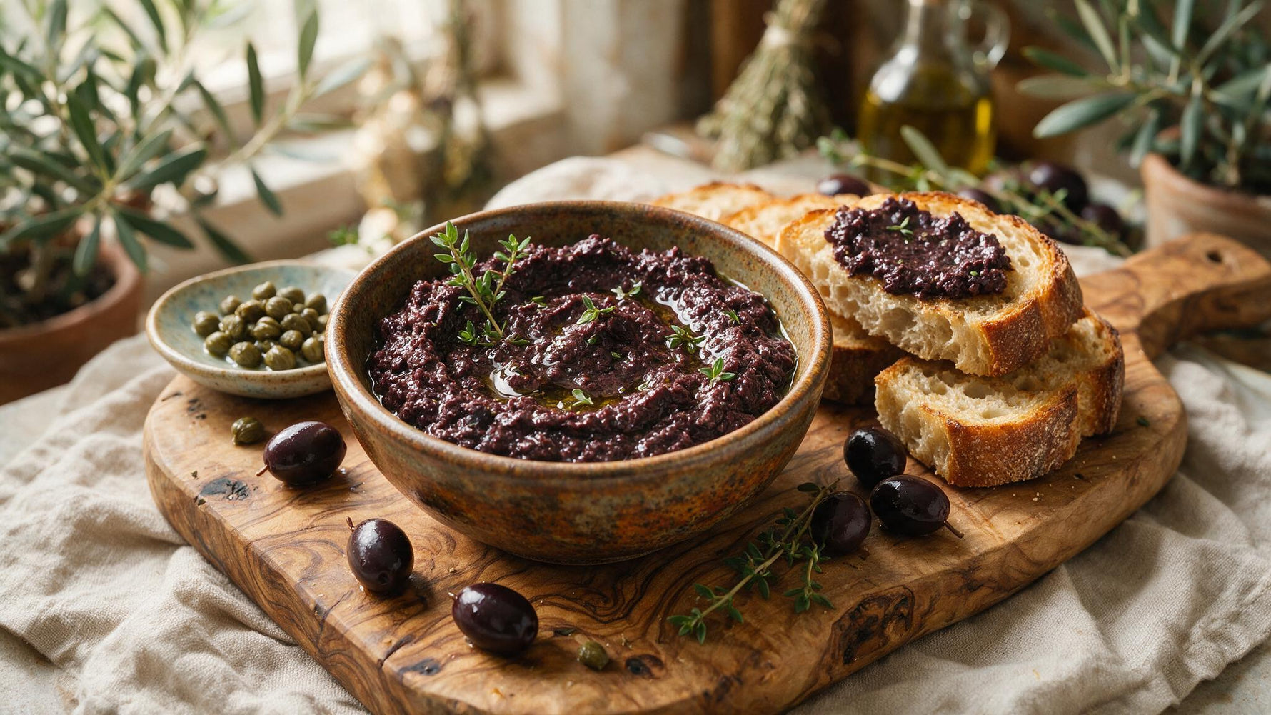 A rustic bowl of homemade black olive tapenade on an olive-wood board with thyme, capers, whole Kalamata olives and toasted bread