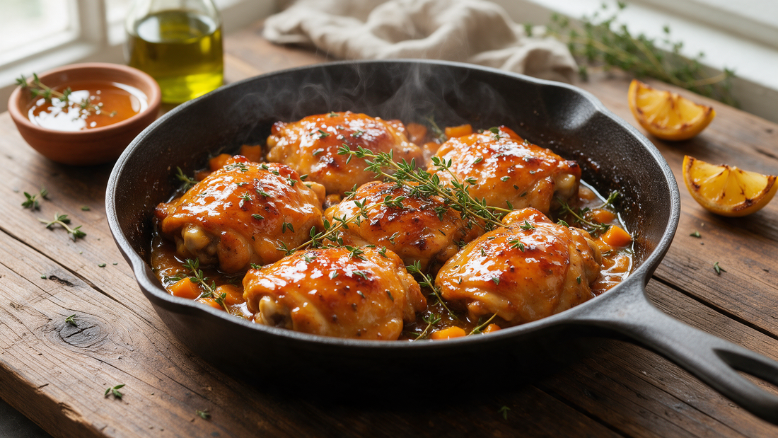 Golden honey mustard chicken thighs with a glossy thyme honey glaze in a cast-iron skillet with fresh thyme and lemon