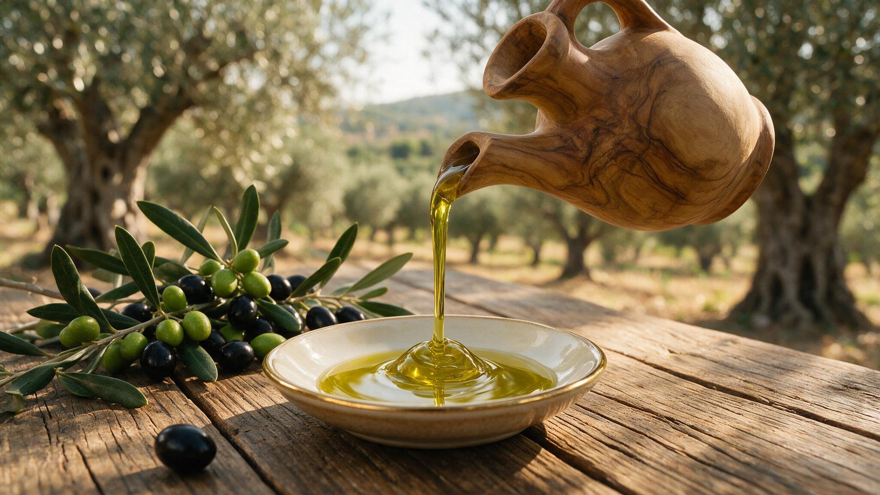 Golden-green Greek extra virgin olive oil being poured into a tasting dish in a sunlit Peloponnese olive grove