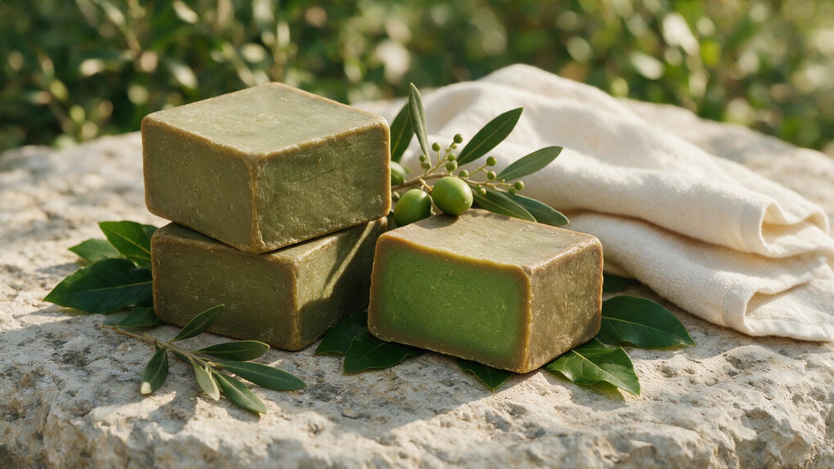 Traditional Aleppo soap bars made with olive oil and laurel oil with fresh bay leaves