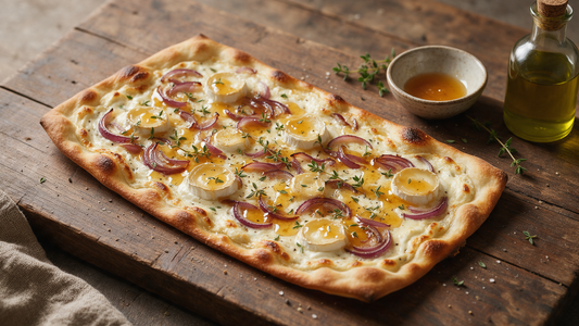 Alsatian flammkuchen topped with goat's cheese and drizzled with golden thyme honey