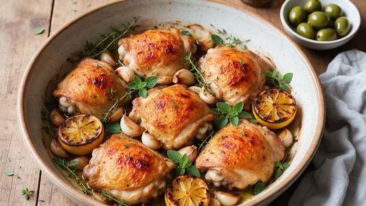 Lebanese-style roast chicken thighs in a rustic dish with garlic, lemon wedges and extra virgin olive oil