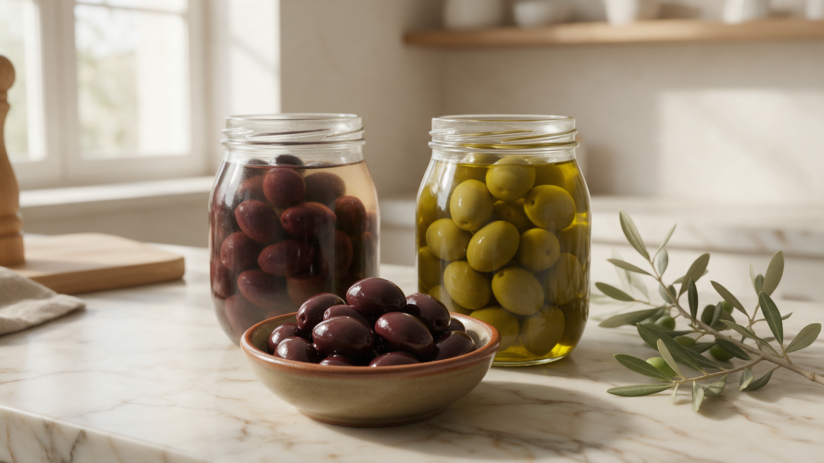 Black Kalamata and green olives stored in glass jars with brine and olive oil on a marble counter