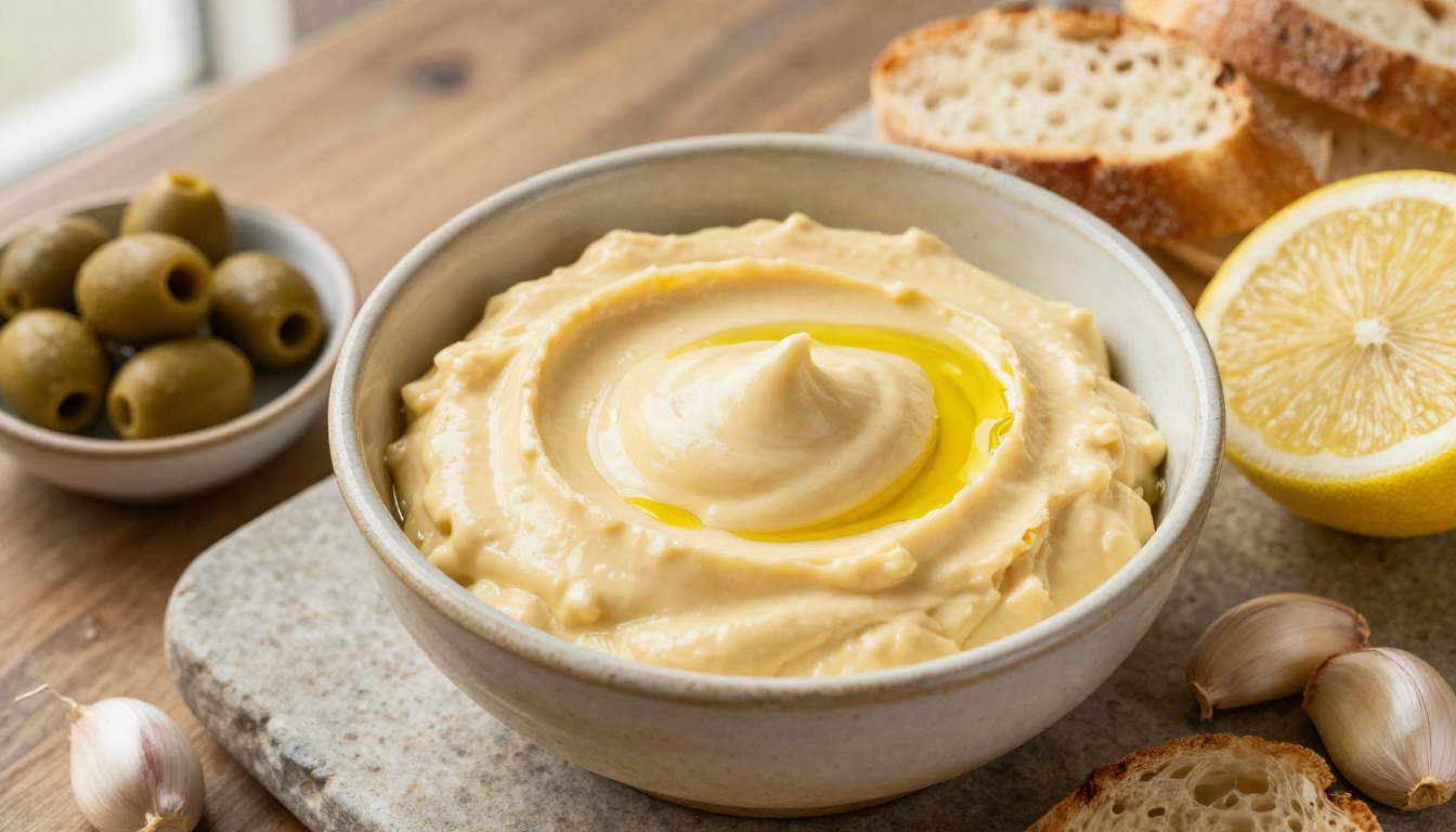 A rustic bowl of creamy golden aioli made with olive oil, drizzled with extra virgin olive oil, with garlic, lemon and bread