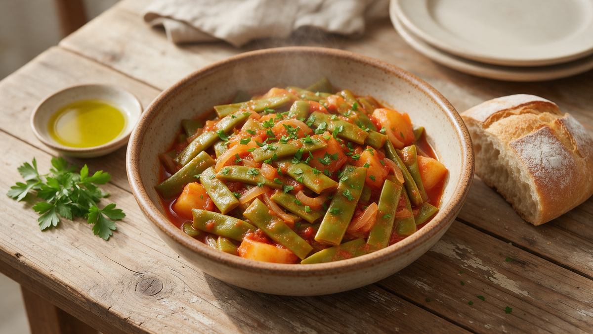 Fasolakia, Greek braised green beans in a tomato and olive oil sauce, served in a rustic ceramic bowl