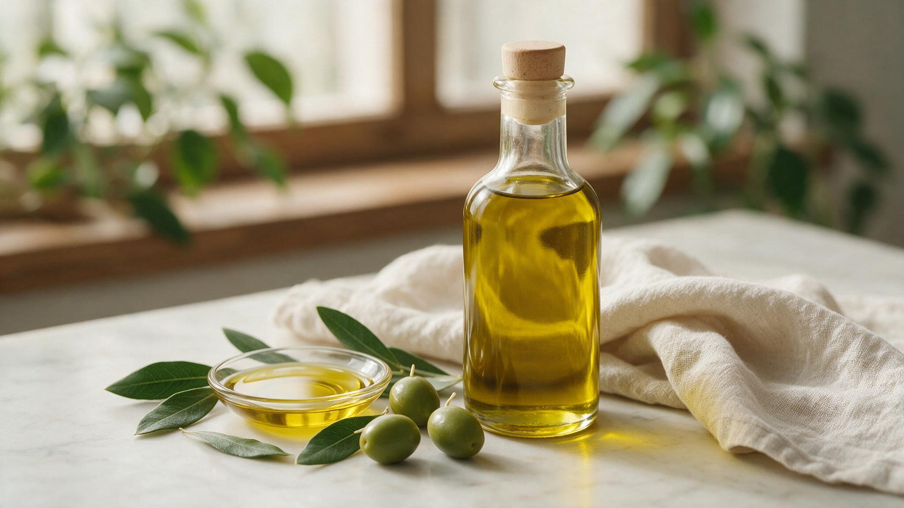 A glass bottle of golden extra virgin olive oil with a small dish of oil, fresh olive leaves and green olives on a marble surface