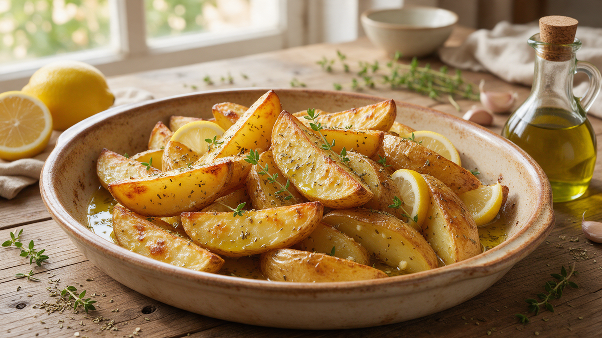 Golden Greek lemon potatoes roasted in olive oil with lemon wedges and oregano in a rustic dish