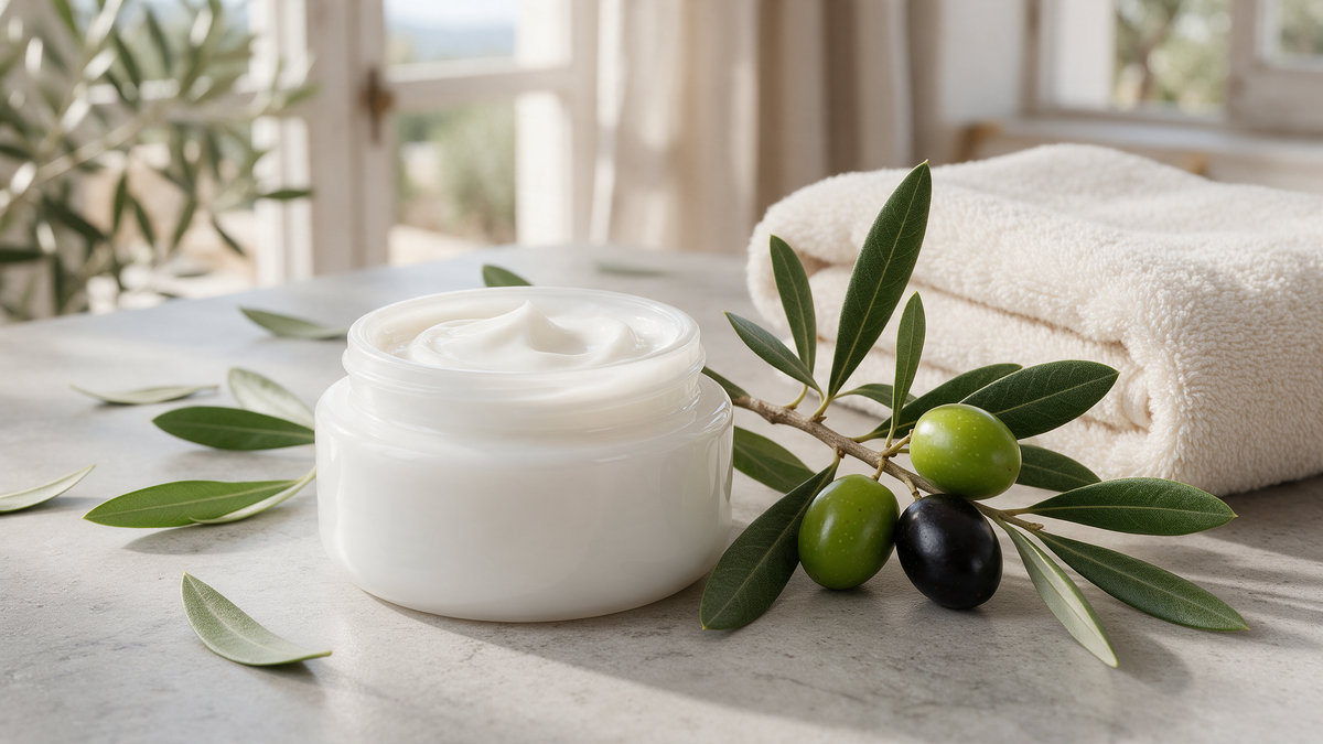 A jar of natural face cream beside fresh olive leaves and olives on a spa surface