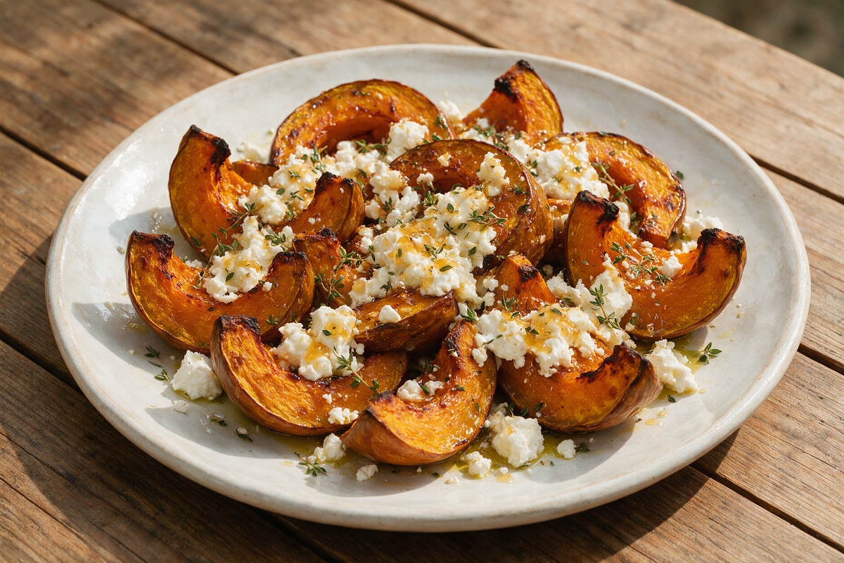 Roasted pumpkin wedges with crumbled feta and thyme honey on a rustic platter