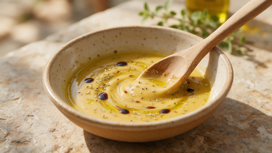 A rustic bowl of golden Greek salad dressing with extra virgin olive oil, red wine vinegar and oregano