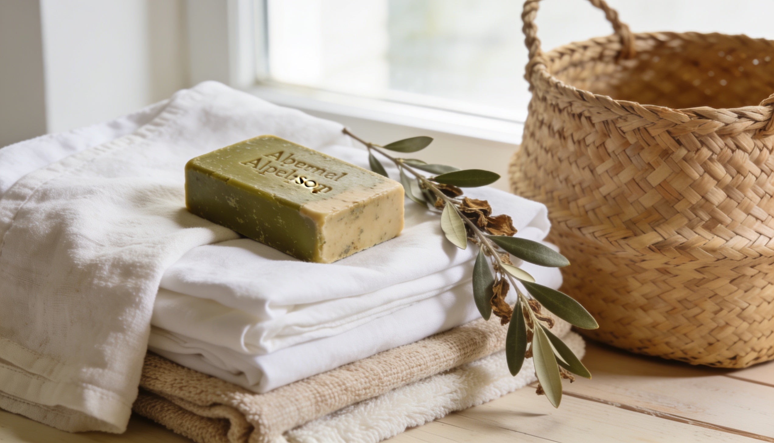 A natural Aleppo soap bar resting on a stack of freshly laundered folded linen