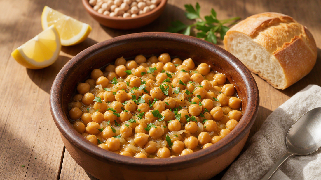 Revithada, Greek slow-baked chickpeas in olive oil and lemon in a rustic clay pot, garnished with parsley and lemon wedges