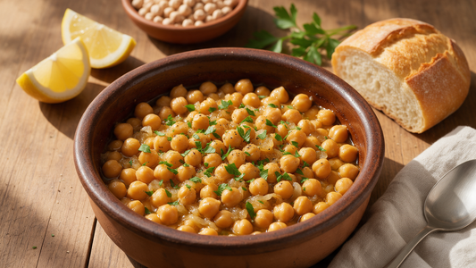 Revithada, Greek slow-baked chickpeas in olive oil and lemon in a rustic clay pot, garnished with parsley and lemon wedges