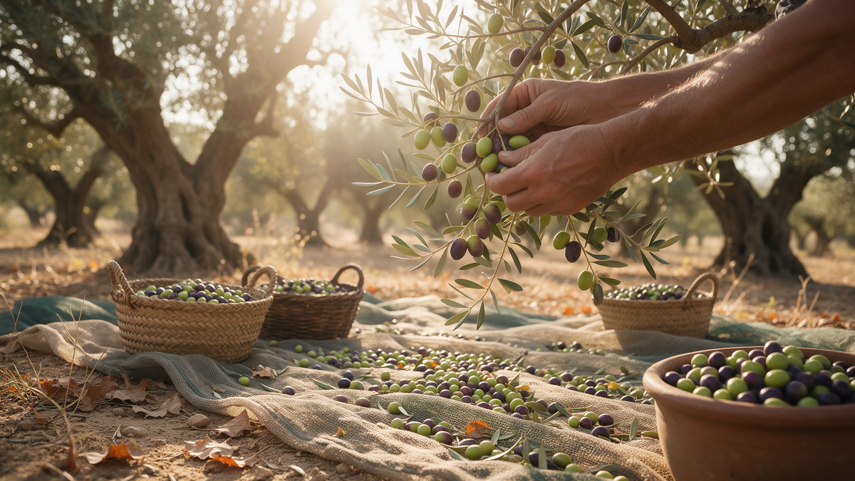 Hands hand-picking ripe green and purple olives in a sunlit Mediterranean grove during the autumn harvest