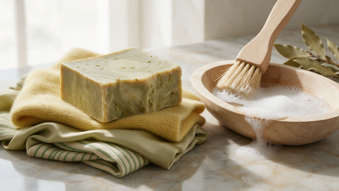 Natural olive-oil Aleppo soap bar beside folded wool and silk garments and a wooden wash basin with soft suds