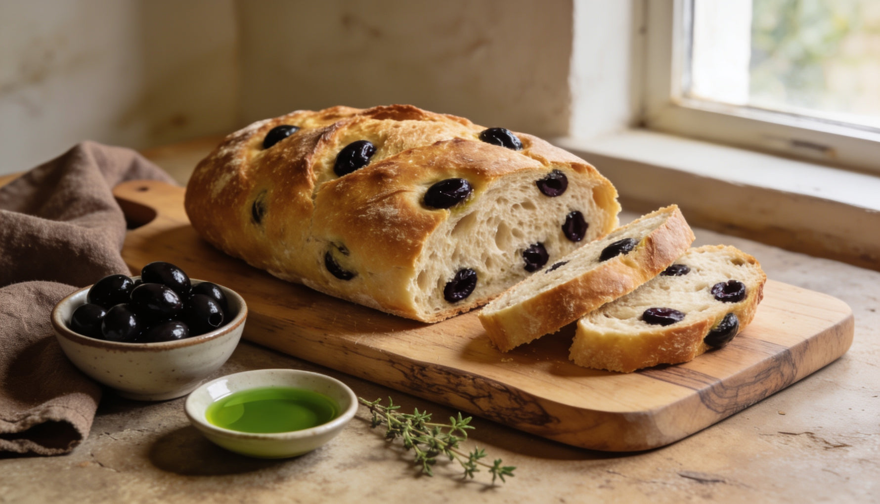 Rustic Greek olive bread loaf studded with Kalamata olives on an olive wood board
