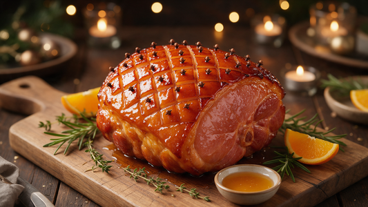 Sticky thyme honey-glazed Christmas ham scored and studded with cloves on a wooden board with rosemary, thyme and orange