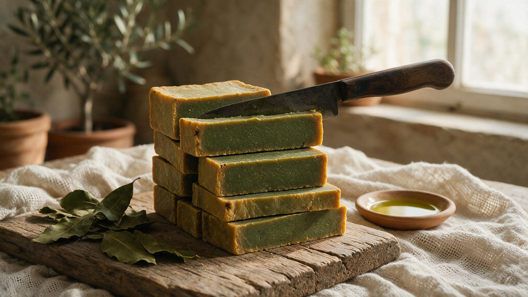 Hand-cut Aleppo soap bars with a knife and dried laurel leaves