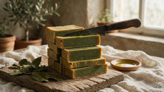 Hand-cut Aleppo soap bars with a knife and dried laurel leaves
