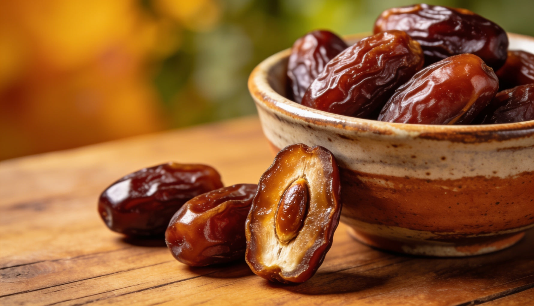 Fresh Medjool dates in a ceramic bowl, one cut open