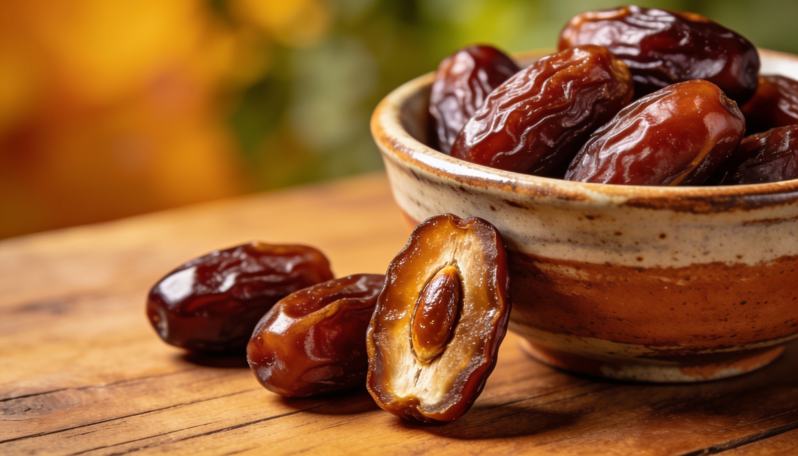 Fresh Medjool dates in a ceramic bowl, one cut open
