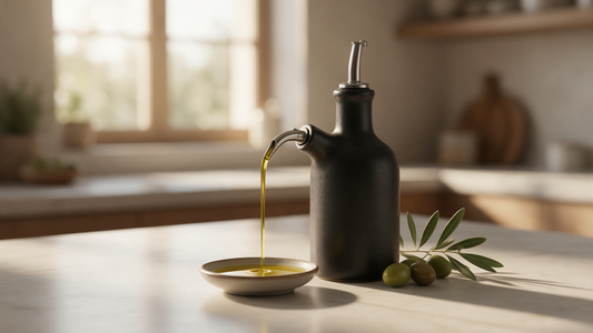 Matte black stoneware olive oil bottle with stainless drip-free pourer pouring extra virgin olive oil, with an olive branch