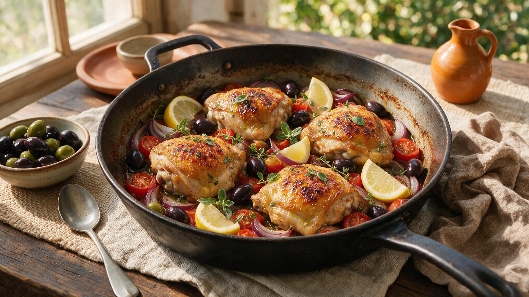 One-pan Greek chicken traybake with black Kalamata olives, lemon, tomatoes and olive oil in a cast-iron pan