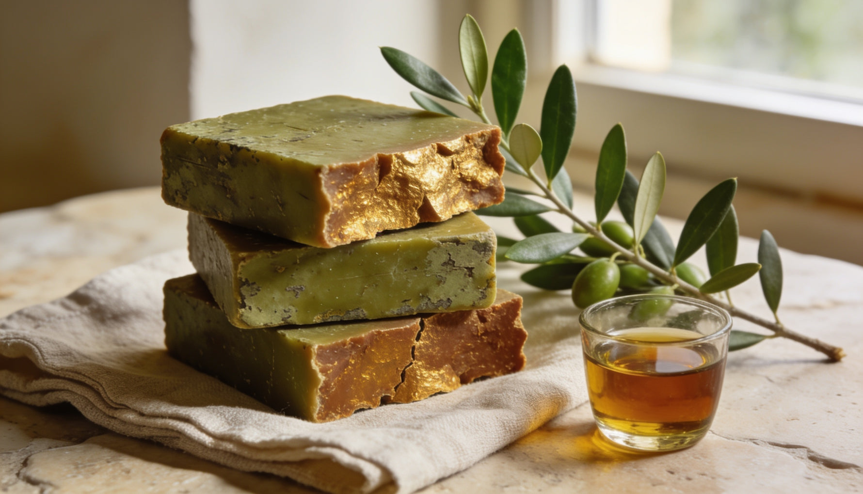 Handmade Aleppo soap bars with green olive-oil surface and golden interior beside an olive branch