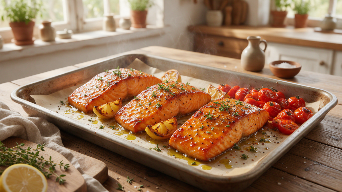 Honey-harissa glazed salmon fillets on a baking tray with lemon, thyme and a drizzle of olive oil