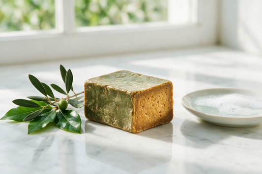 A bar of traditional Aleppo soap with olive branches and laurel leaves on a marble surface