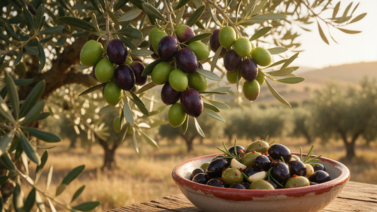Ripe olives on the tree in a sunlit Mediterranean grove with a rustic bowl of cured black and green table olives