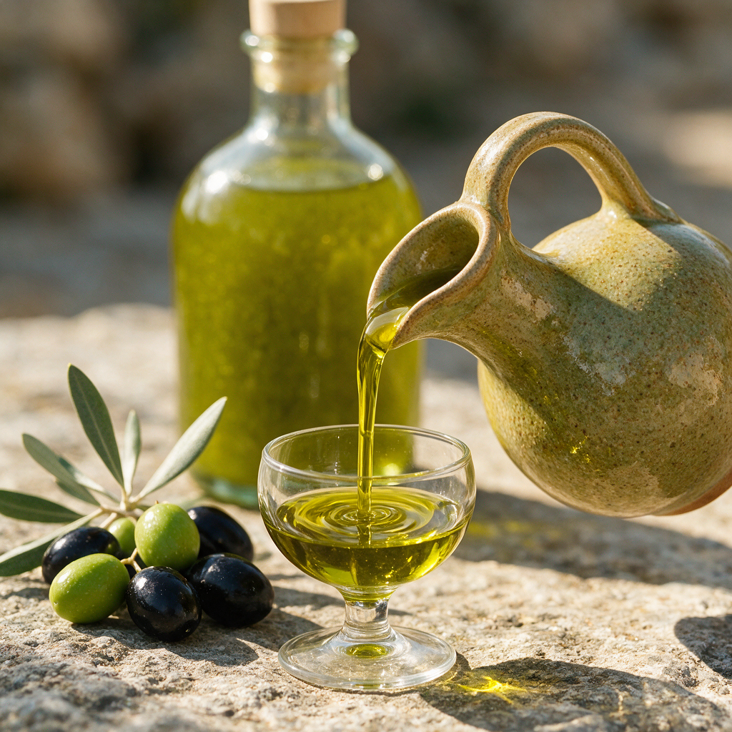 Green-gold extra virgin olive oil being poured into a tasting glass beside fresh olives and olive leaves