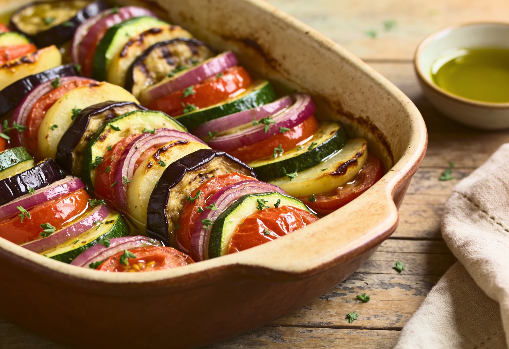 Greek briam of roasted courgette, aubergine, potato and tomato glistening with olive oil in a rustic baking dish