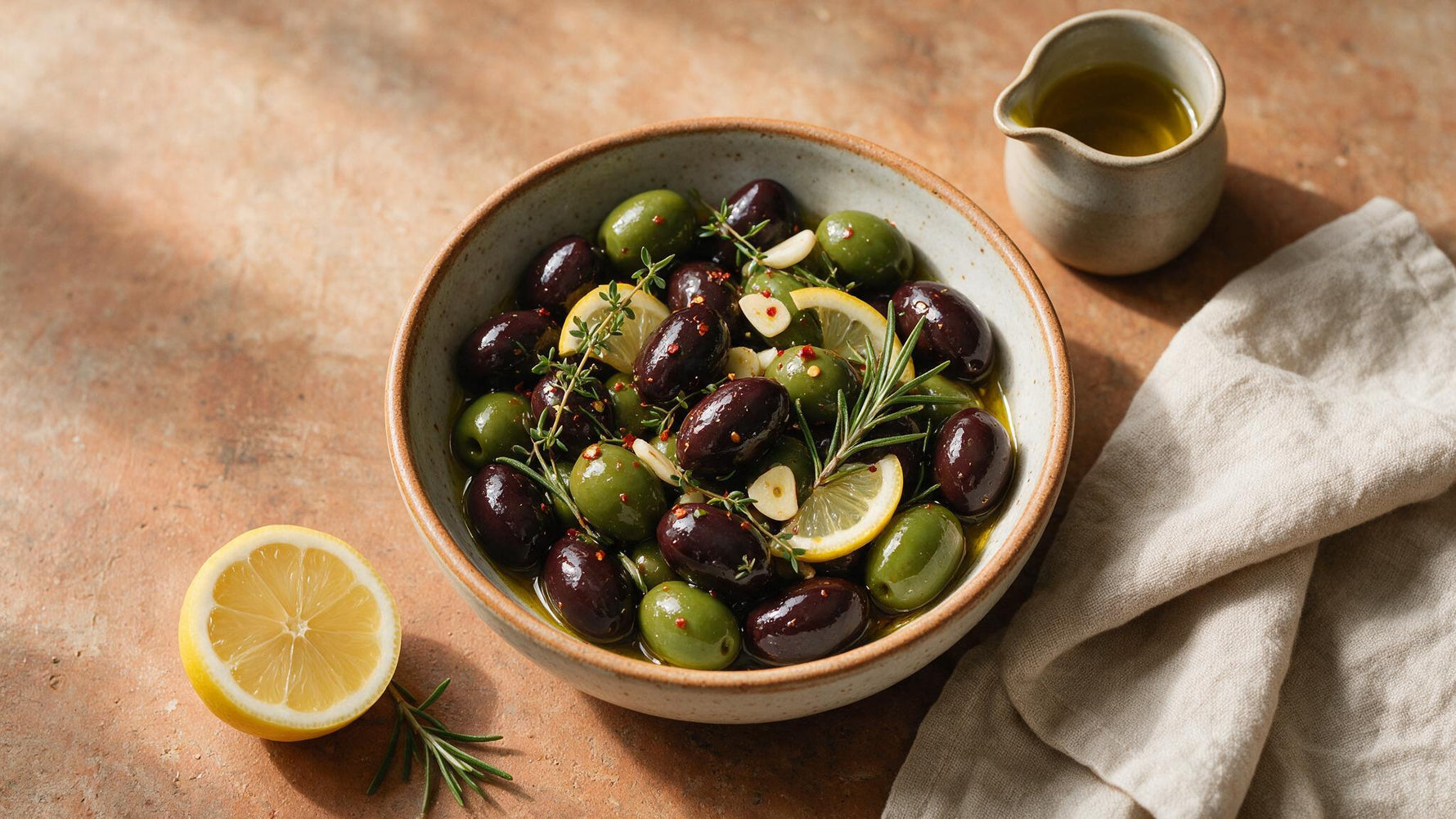 Bowl of marinated Greek olives with herbs, lemon slices and garlic in olive oil